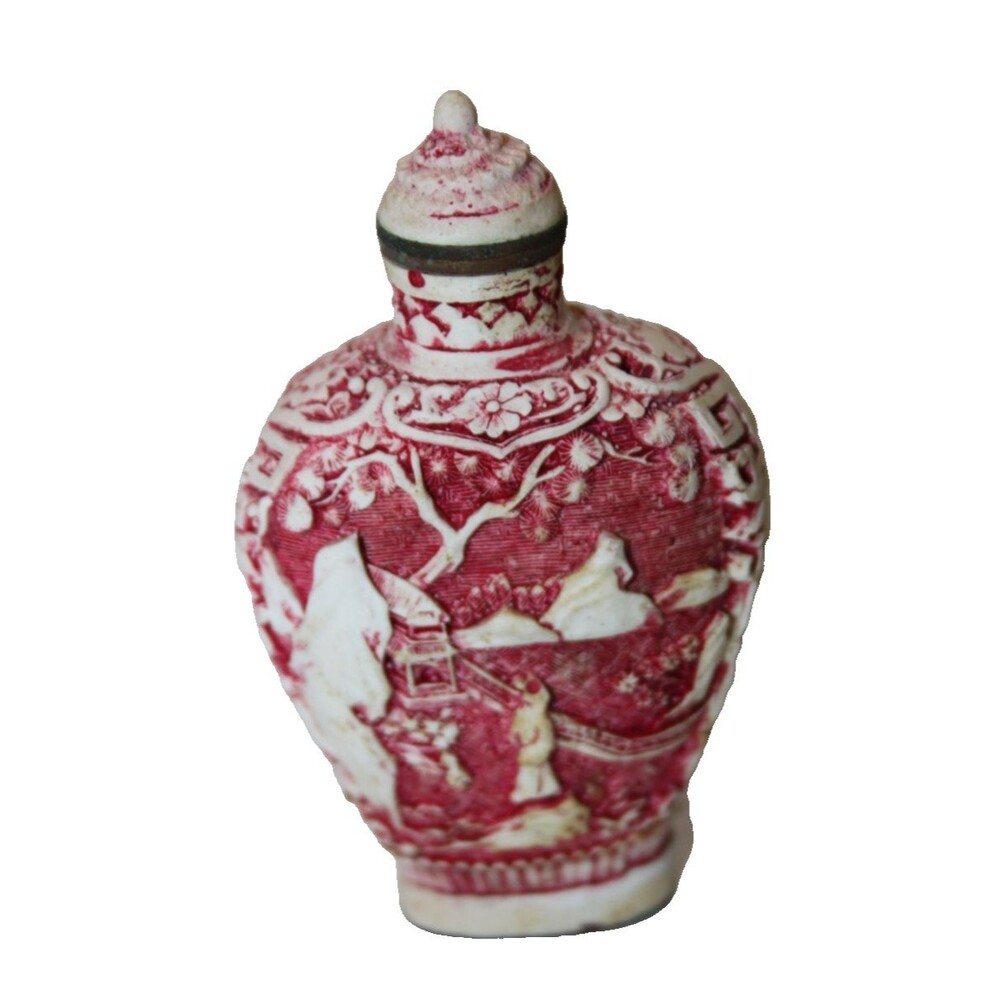 Vintage Chinese Red Beige Carved Cinnabar Perfume Snuff Bottle Signed Marked